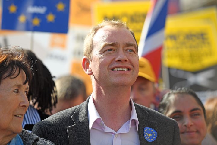 <strong>Tim Farron at a march against Brexit in London</strong>