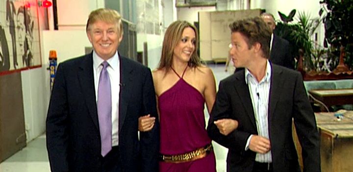 A screenshot of the "Access Hollywood" video featuring Donald Trump, Arianne Zucker and Billy Bush.