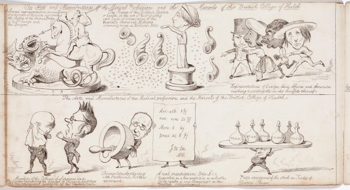 An 1850s etching by George Sala showing George and the Dragon and a man carrying a tray loaded with bottles of arsenic, opium and morphine.