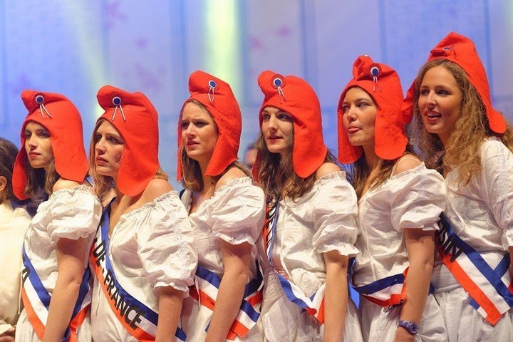Young women dressed as Marianne, the French revolutionary symbol of freedom, demonstrating against same-sex marriage in Paris