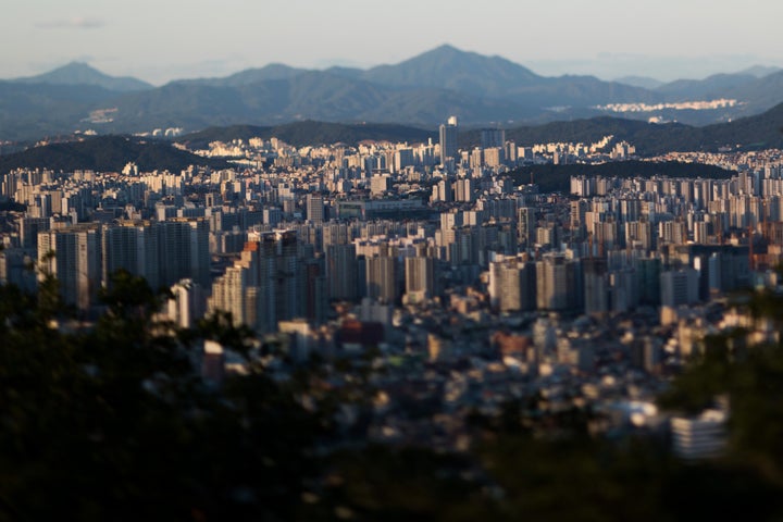 This photograph taken with a tilt-shift lens shows Seoul, South Korea, on July 16, 2015.