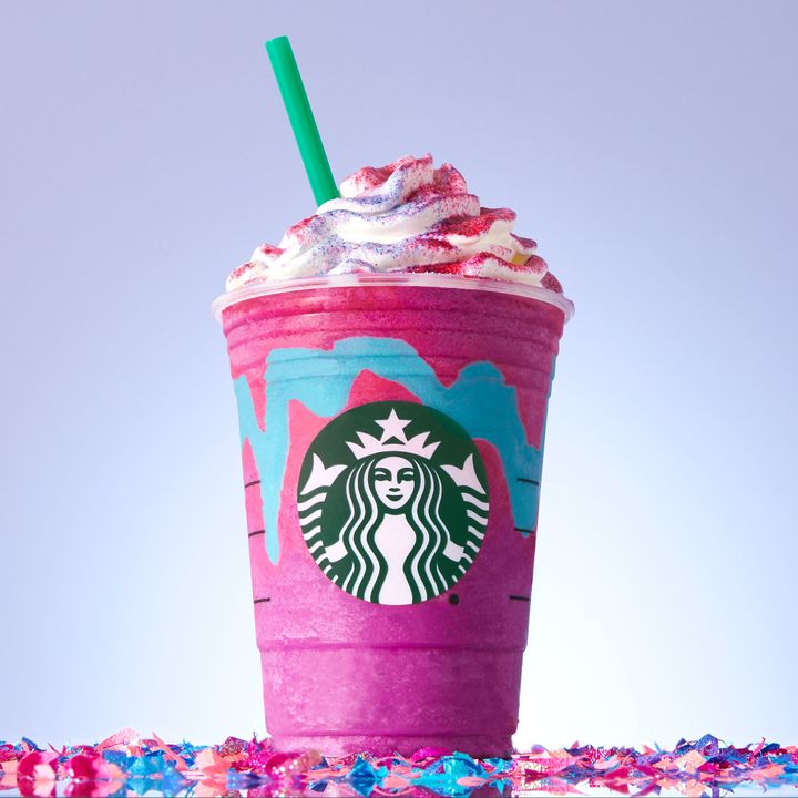 A beverage neither for nor of unicorns, but still a unicorn frappuccino.