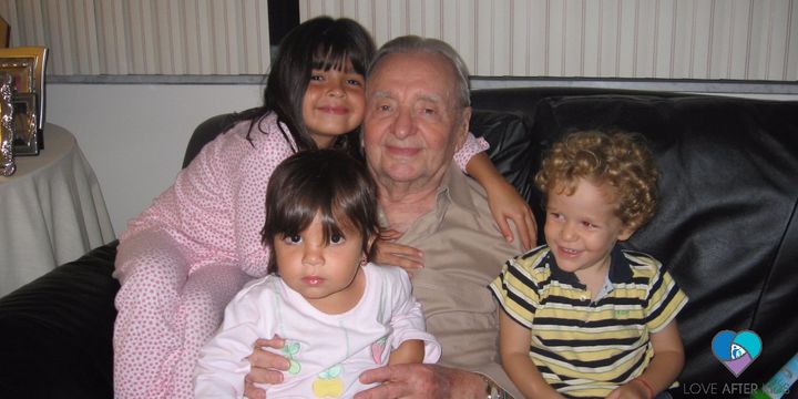 <p>Deb's great uncle, Boris, with his granddaughters and grand nephew (our son, Eric)</p>