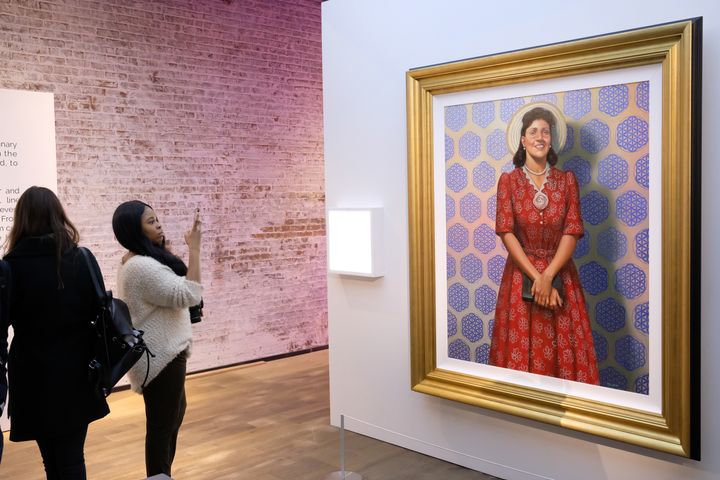 A portrait of Henrietta Lacks by artist Kadir Nelson hangs at HBO's The HeLa Project Exhibit in New York City.