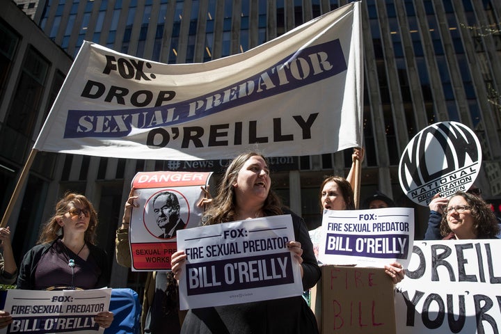 Demonstrators rally against Fox News television personality Bill O'Reilly outside of the News Corp. and Fox News headquarters in Manhattan on April 18.