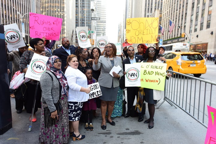 Public Advocate Letitia James held a press conference on April 12 in front of Fox News headquarters to demand the network investigate O'Reilly.