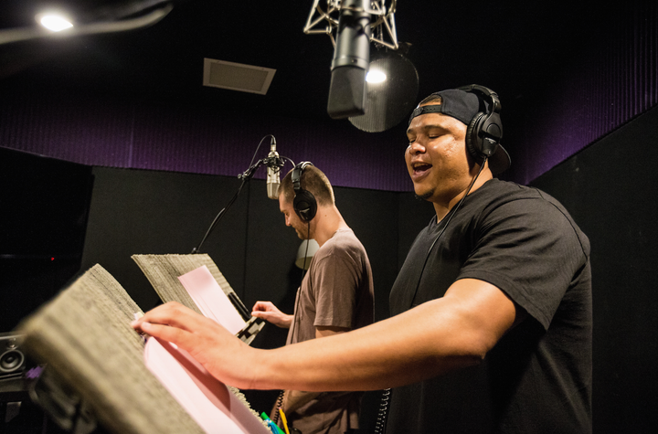 Josiah Johnson (right) with co-creator Quinn Hawking, in the recording booth.