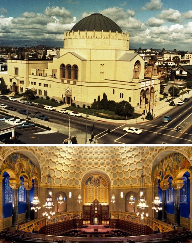 T: Exterior of Wilshire Boulevard Temple in 1968; B: Wilshire Boulevard Temple