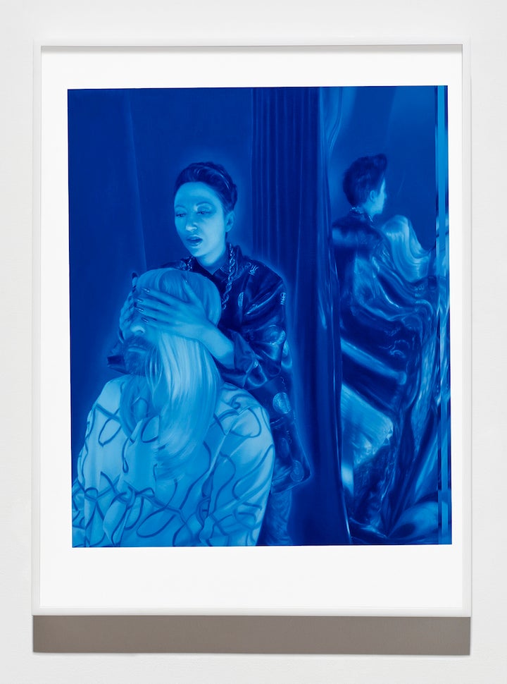 <p><em>Lamar Beray and Helvetica in a hypnosis session at Nocturnes, Friday, November 11th.</em>, 2016, oil on panel in white powder coated aluminum frame, 24 1/4 x 18 1/4 x 1 1/2 inches (62 x 46 x 4 cm), SW 16081</p>