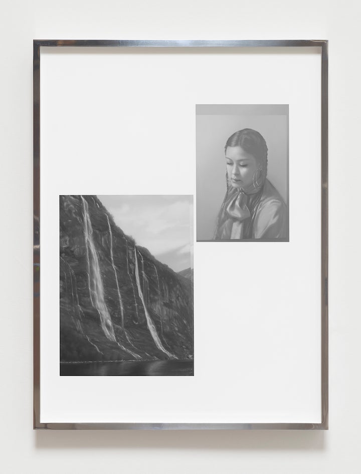 <p><em>Saturday praying with The Seven Sisters in Geirangerfjorden, Friday, March 13th.</em>, 2016, oil on matte white Plexiglas in polished aluminum frame, 26 3/4 x 20 1/4 x 1 1/2 inches (68 x 51,5 x 4 cm), SW 16186</p>
