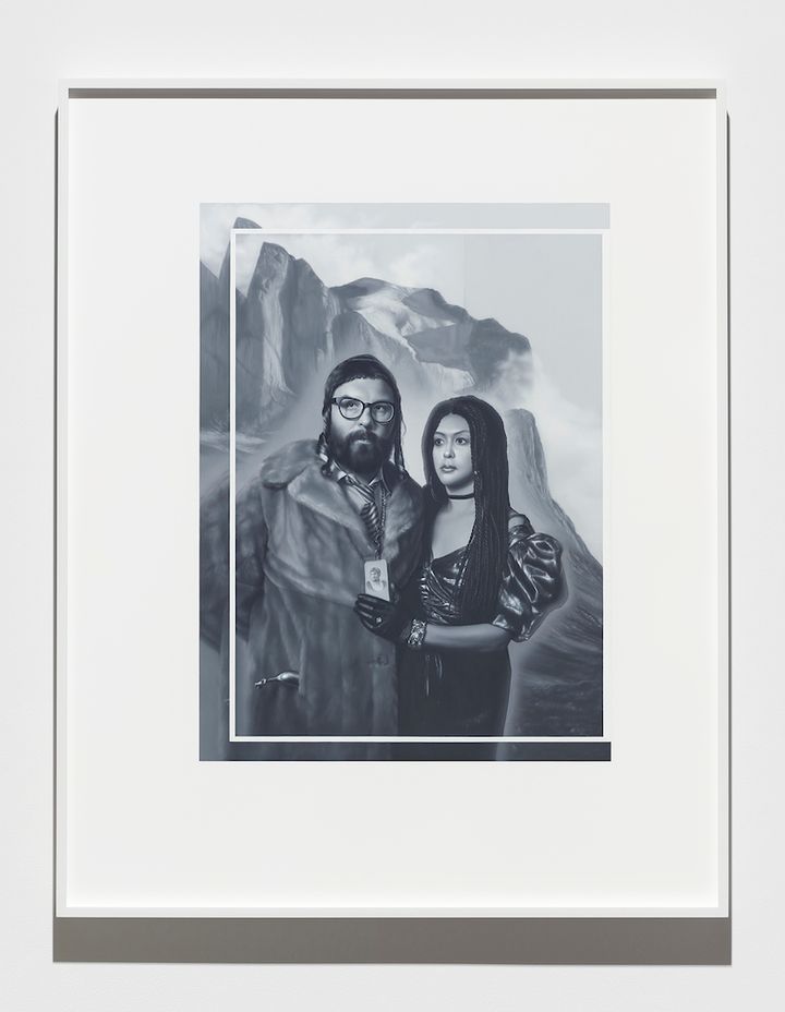 Portrait of Delmar Beray & Saturday with Mount Thor, Wednesday, August 17th (included in Saturday's altar on Monday, December 5th)., 2017, oil on matte white Plexiglas in white powder coated aluminum frame, 41 x 32 3/4 x 2 inches (104 x 83 x 5 cm), SW 17042