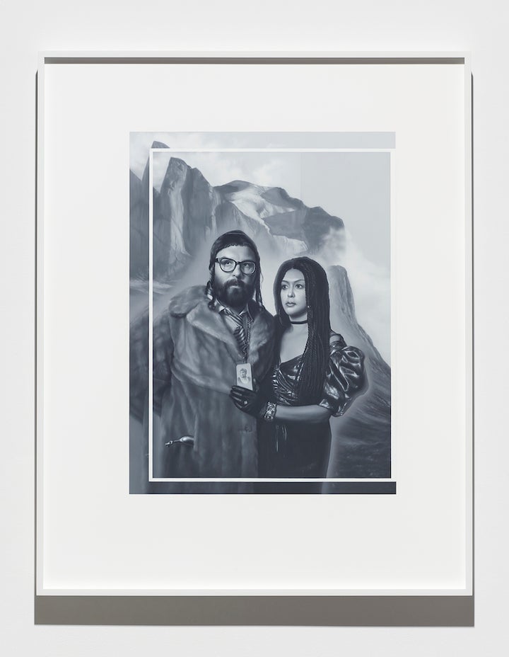 <p><em>Portrait of Delmar Beray & Saturday with Mount Thor, Wednesday, August 17th (included in Saturday's altar on Monday, December 5th).</em>, 2017, oil on matte white Plexiglas in white powder coated aluminum frame, 41 x 32 3/4 x 2 inches (104 x 83 x 5 cm), SW 17042</p>