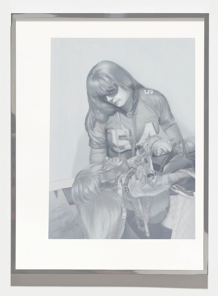<p><em>Aranxa with Saturday's proxy made by Raphael Gordo de Papel, Saturday, November 12th.</em>, 2016, oil on panel in in polished aluminum frame, 32 1/4 x 24 1/4 x 1 1/2 inches (82 x 62 x 4 cm), SW 16185</p>