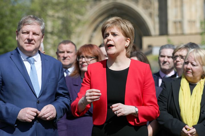Sturgeon, with deputy leader of the Scottish National Party, Angus Robertson, outside the House of Parliament in London on Wednesday
