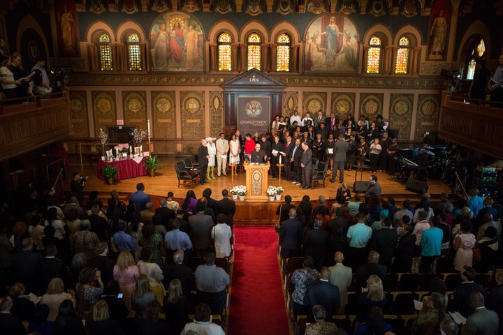 Bishop Barry Knestout, Auxiliary Bishop and Vicar General of the Archdiocese of Washington, opens a Liturgy of Remembrance, Contrition and Hope at Gaston Hall on the campus of Georgetown University in Washington D.C., Tuesday, April 18, 2017.