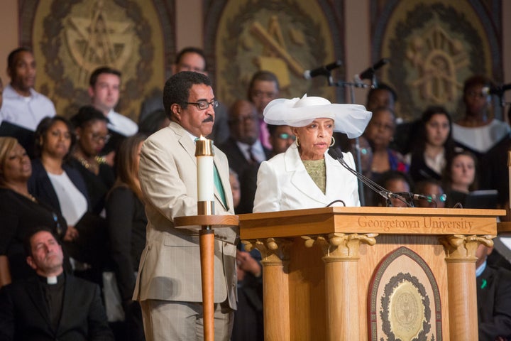 Rev. Leroy Baker, left, and Onita Estes-Hicks, speak during a Liturgy of Remembrance, Contrition and Hope at Gaston Hall on the campus of Georgetown University in Washington D.C., Tuesday, April 18, 2017. The two are both descendants of the Butler line of slaves included in Georgetown's 1838 sale of 272 enslaved people. 