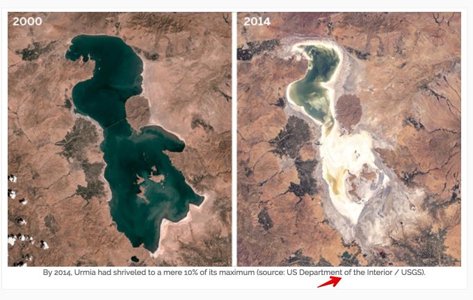 Lake Urmia, Iran. Iran’s largest salt lake. Left image taken in 2000. Right image taken in 2014.