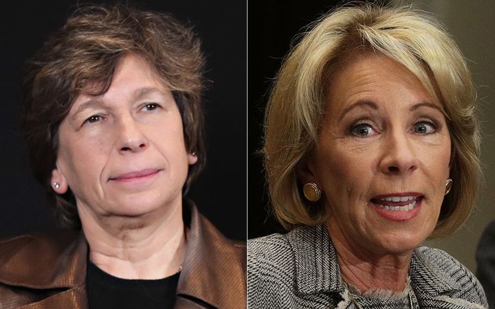 Labor leader Randi Weingarten, left, and Secretary of Education Betsy DeVos, right, visited a public school district in Ohio on Thursday.