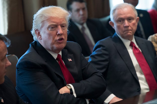 Trump and Attorney General Jeff Sessions attend a March 29 panel discussion at the White House on opioid...