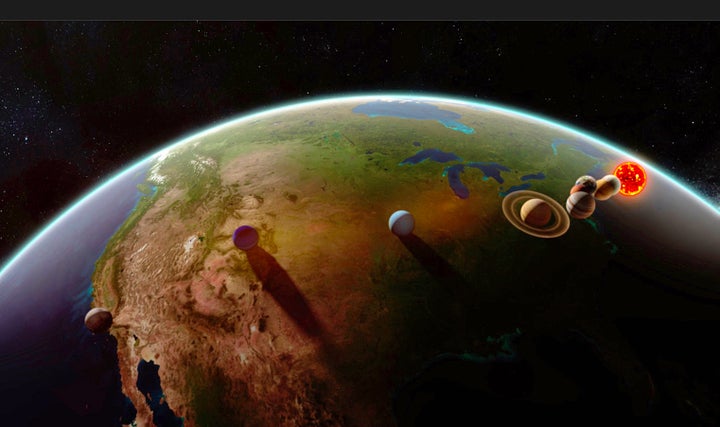 This illustration shows the approximate scaled-down distances between the planets of our solar system if they stretched from East Coast to West Coast.