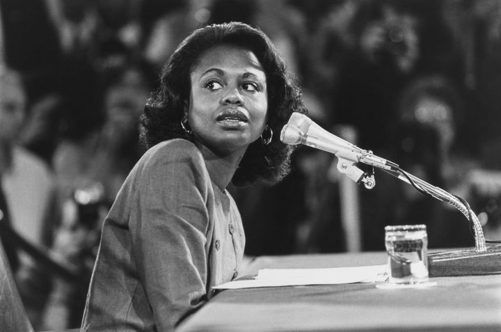 Anita Hill testifies in 1991 in front of an all-male panel of congress members against her former boss Clarence Thomas, who was waiting to be confirmed to the Supreme Court. She inspired thousands of women to speak out against harassment.
