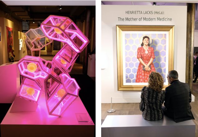 "The HeLa Project" is a multimedia exhibit that features interactive lessons, life-sized DNA molecules, left, and a special painting of Lacks herself by artist Kadir Nelson, right.