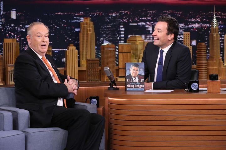 Bill O'Reilly promoting one of his many books, "Killing Reagan," during an interview with Jimmy Fallon in 2015.