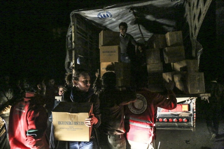 The Syrian Arab Red Crescent and local Syrian committees unloading trucks with food and medicine for a besieged city. But all too often cities go without these deliveries. The UN is calling for complete and unrestricted access to civilians across Syria.