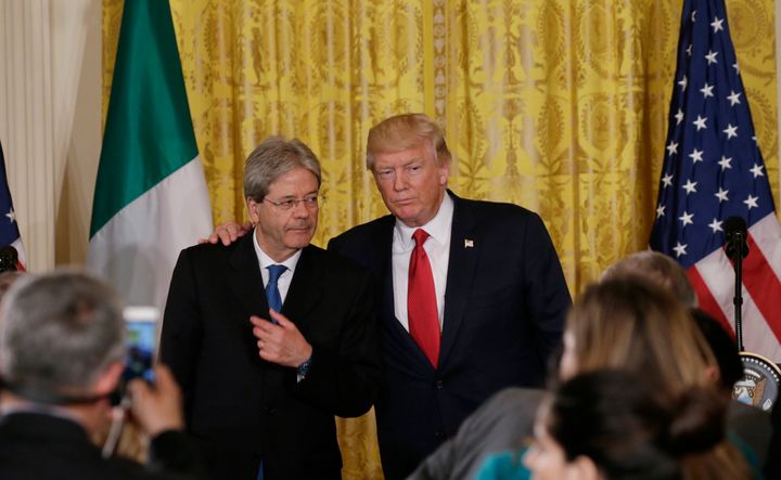 President Donald Trump and Italian Prime Minister Paolo Gentiloni stand together following a joint news conference at the White House on April 20, 2017.