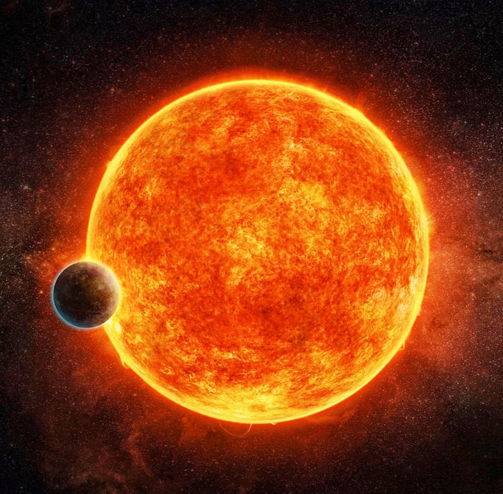 In an artist's impression, the possible "super-Earth" planet LHS1140b begins to cross the star LHS 1140. The planet shows early indications of habitability.