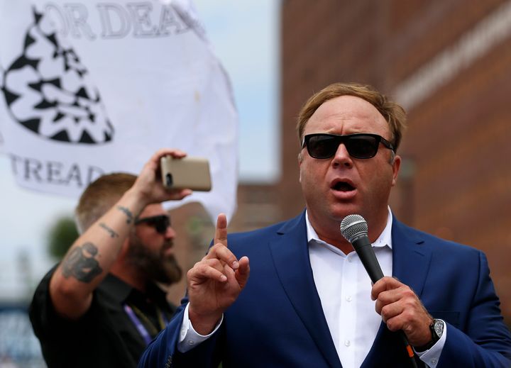 Alex Jones speaks during a rally in support of Donald Trump near the Republican National Convention in July 2016. 
