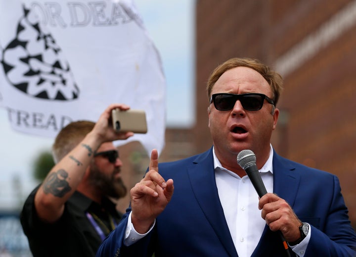 Alex Jones speaks during a rally in support of Donald Trump near the Republican National Convention in July 2016.