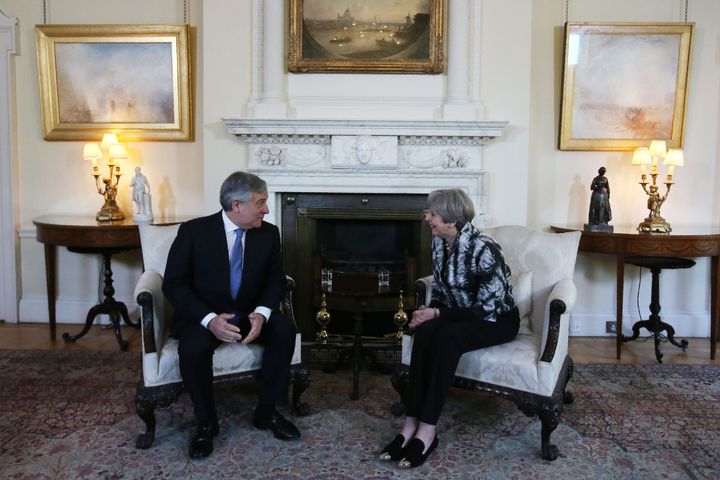 European Parliament President Antonio Tajani talking to Theresa May