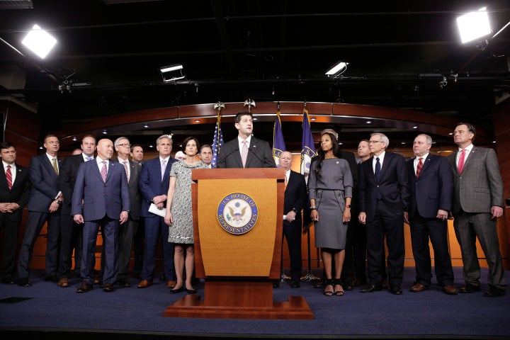 Speaker of the House Paul Ryan (R-Wis.) speaks about health care reform with House Republicans during a press briefing on Capitol Hill on April 6. 