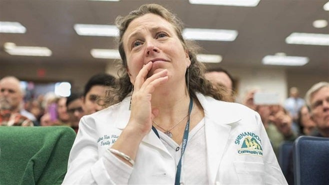 Nurse practitioner Christina Van Hilst at a town hall meeting in Martinsburg, West Virginia. West Virginia is one of a growin