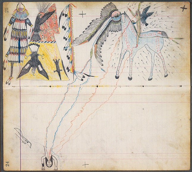 A medicine vision by an unrecorded Arapaho artist -- attributed to “Henderson Ledger Artist A,” also known as Horseback (unknown dates) -- ca. 1880 in Oklahoma.