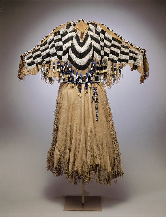 A dress and belt with an awl case by an unrecorded Wasco artist ca. 1870 in Oregon or Washington State.