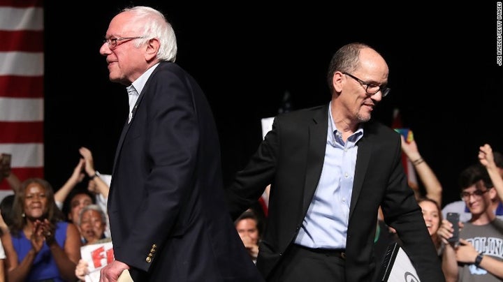 Bernie Sanders (I-VT) and Tom Perez, DNC Chair, at a rally on their Unity Tour.