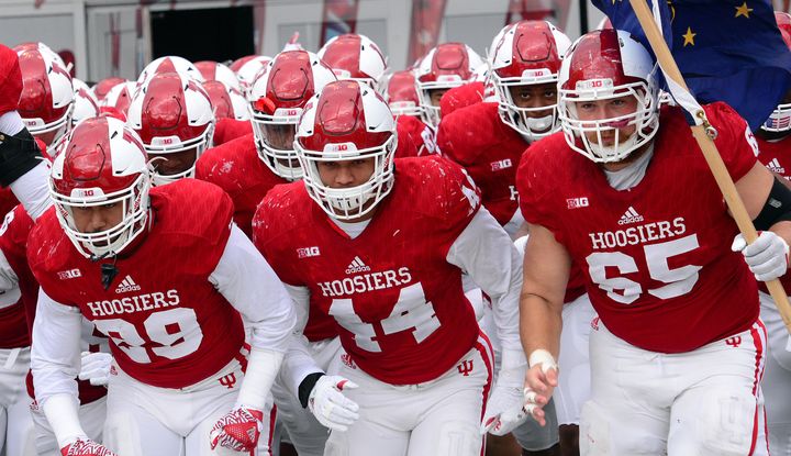 The Indiana University Hoosiers run onto the field for a Big Ten Conference game in November 2016. 