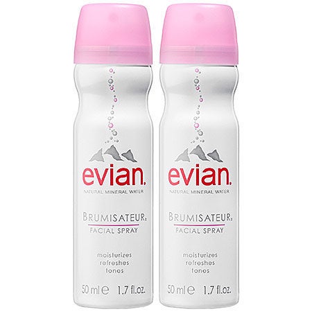 Evian mineral water spray to go, <a href="http://www.sephora.com/mineral-water-spray-duo-to-go-P230538?skuId=1154897&icid2=evian_bestsellers_carousel_us:p230538" target="_blank">$15 for a two-pack at Sephora</a>