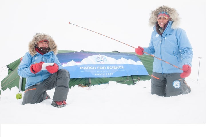 <p>Ann Daniels, left, logs snow-cover thickness with expedition leader Bernice Notenboom.</p>