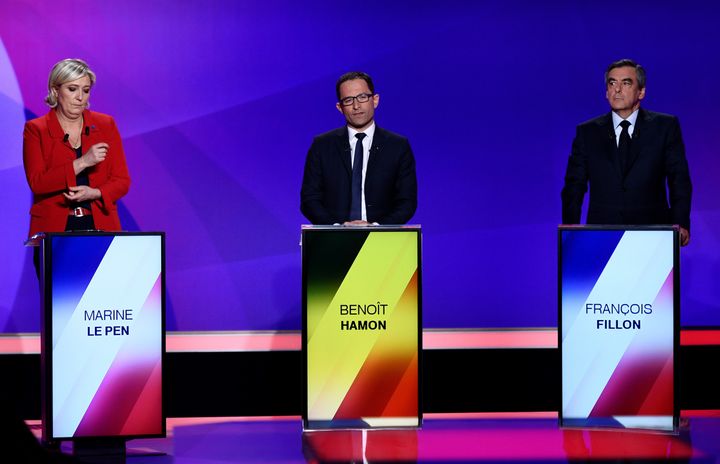 From L-R, French presidential candidates, Marine Le Pen, French National Front (FN) political party leader, Benoit Hamon, of the Socialist Party, and Francois Fillon, member of the Republicans political party candidate of the French centre-right (R) attend the France 2 television special prime time political show, "15min to Convince" in Saint-Cloud, near Paris, France, April 20, 2017.