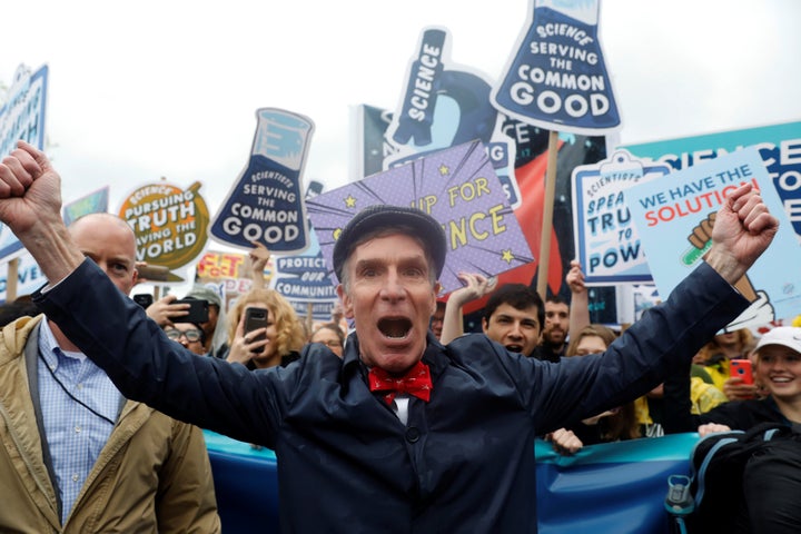 Bill Nye leads demonstrators on a march to the U.S. Capitol during the March for Science on April 22, 2017.