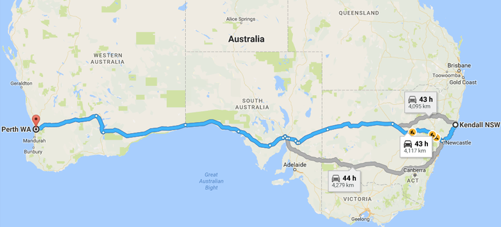 Several possible routes one might take from Kendall to Perth.