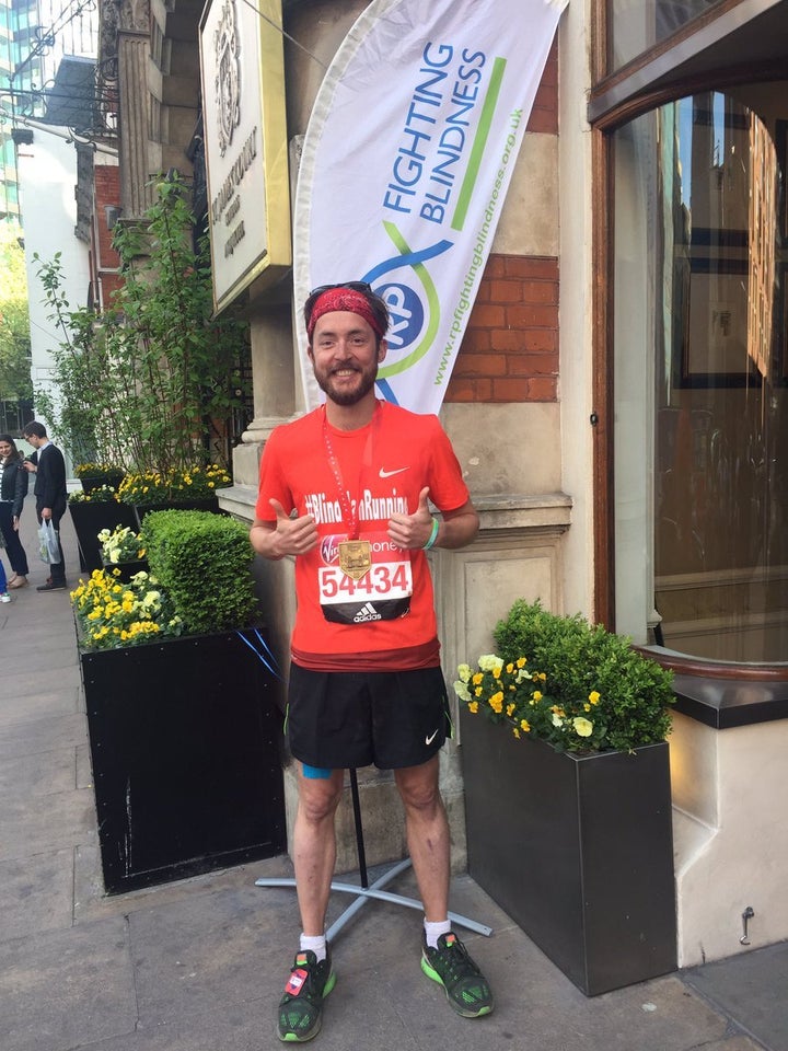 Alex Innes after his London Marathon run in aid of RP Fighting Blindness, completed in 5 hrs and 24 minutes.