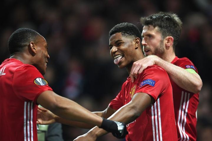 Manchester United striker celebrates after scoring the winner in the 3:2 Europa League quarter-final at Old Trafford.