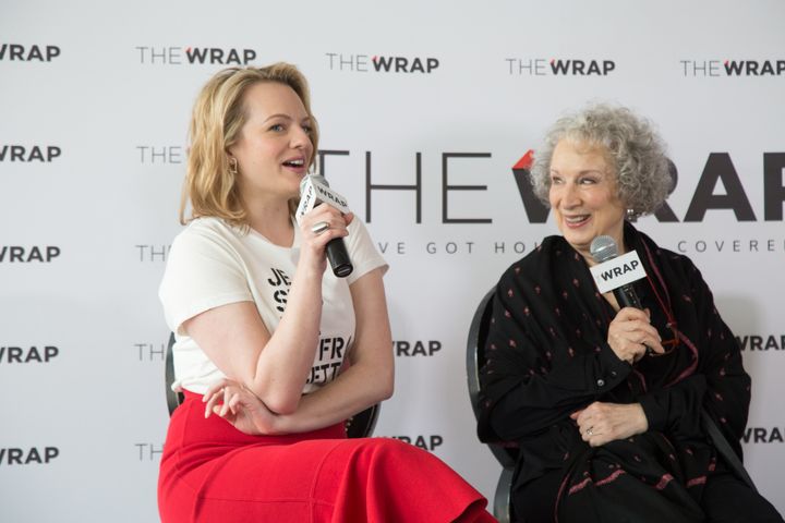 Elisabeth Moss, left joined by Margaret Atwood, right.