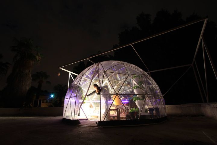 The Garden Igloo hydroponic biodome at night, in Tel Aviv