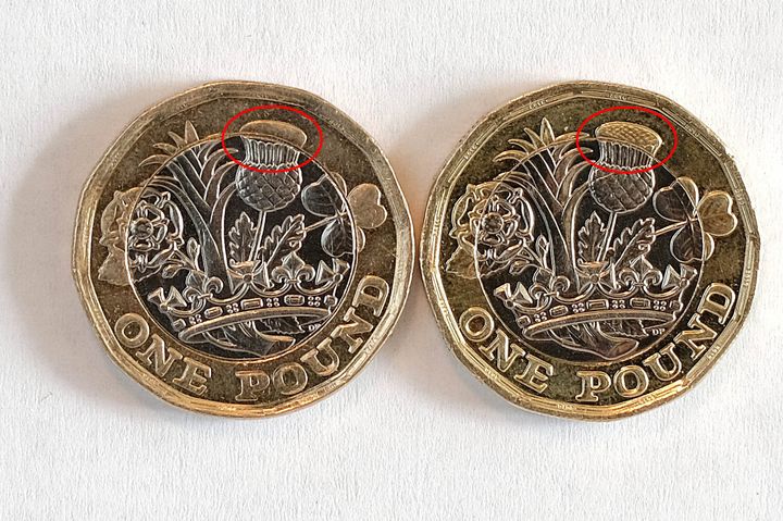 Two of the new one pounds coins including one given as change to Roy Wright which he believes may be fake (left). The coins have been circled to show the main area of difference between the real coin and the suspect one on the left.