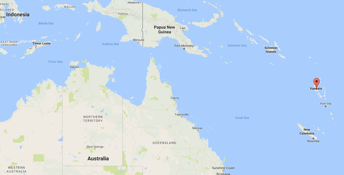 Vanuatu, marked with a red pin on this map, is located southeast of New Guinea. The island of New Guinea -- the world's largest after Greenland -- is divided between two countries: Indonesia to the west and Papua New Guinea to the east.